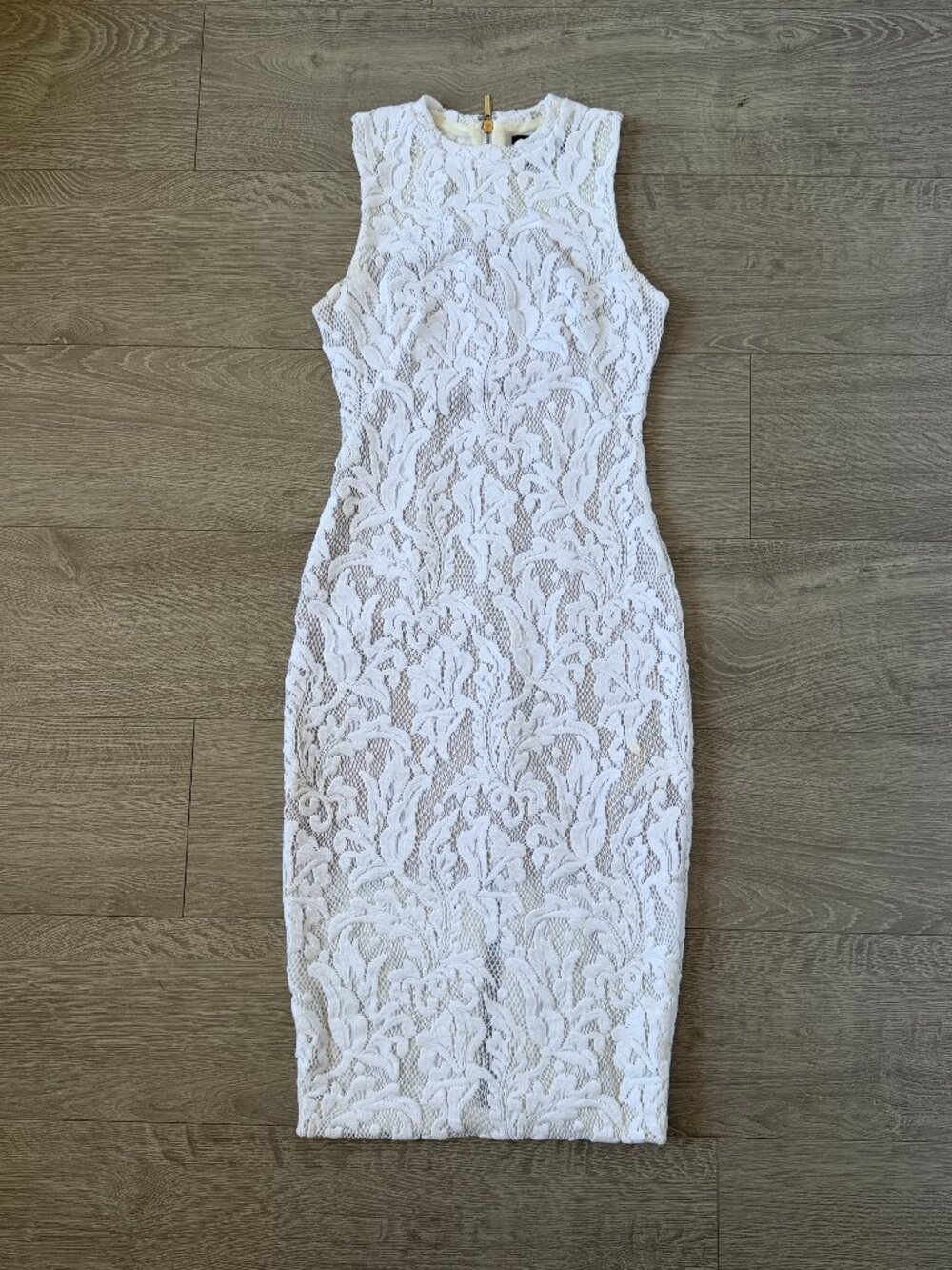 Marciano White Floral Lace Sleeveless Bodycon Midi Dress XS Gold Zip